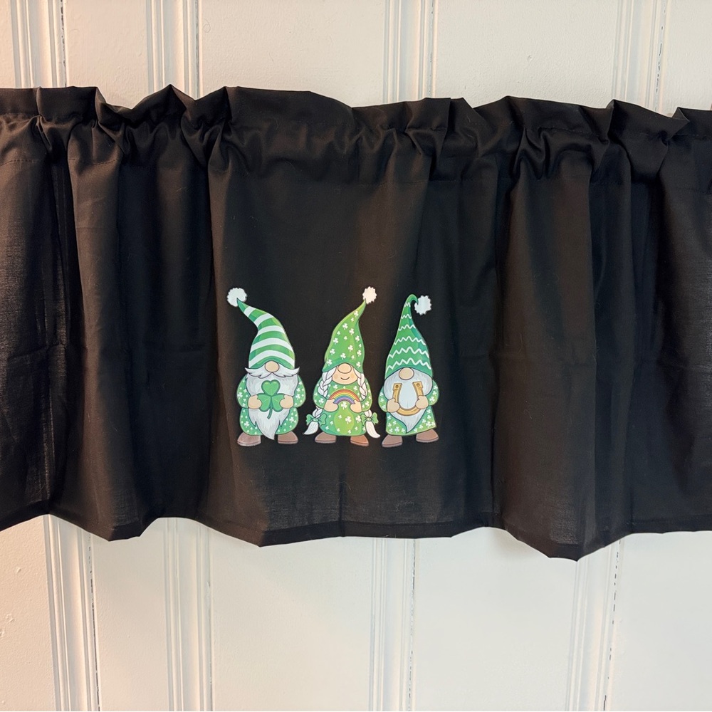 Custom Made to Order Black St. Patrick's Day Curtain Valance W/ Vinyl Gnomes